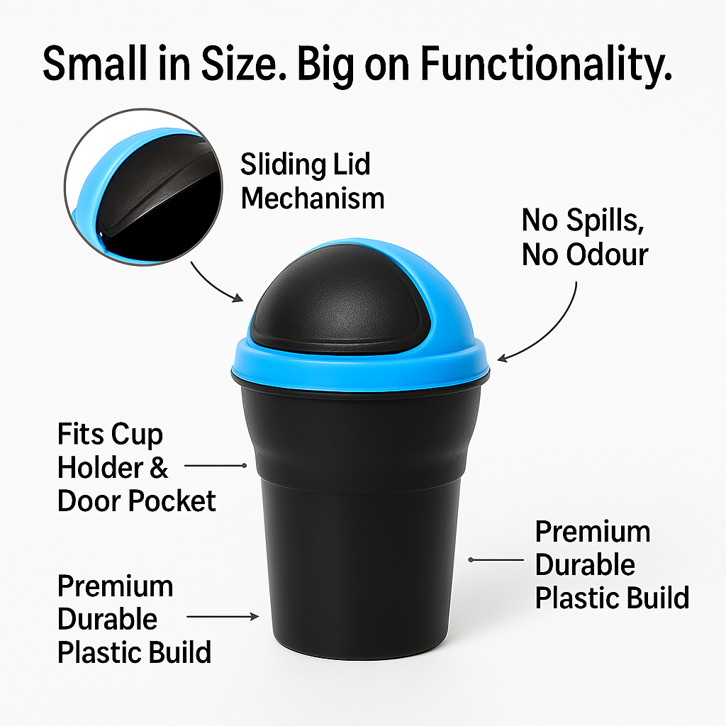 TrashMate: Compact Car Dustbin with Flip Lid | Portable Travel Bin for Cars, Desks & Cup Holders (Multicolour)
