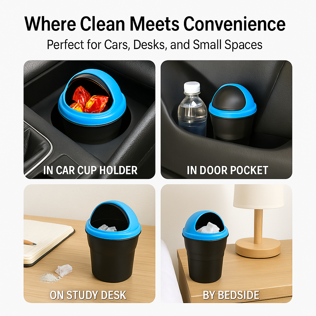 TrashMate: Compact Car Dustbin with Flip Lid | Portable Travel Bin for Cars, Desks & Cup Holders (Multicolour)